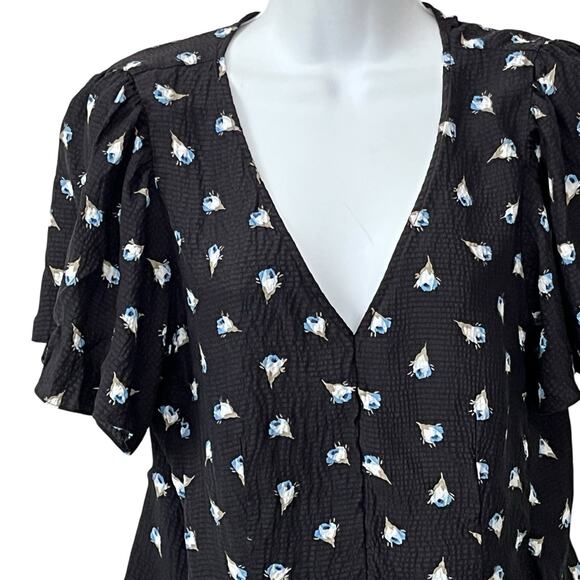 Rebecca Taylor Brigette Blouse Size 10 Hammered Silk Flutter Sleeve Black Floral - Picture 3 of 11